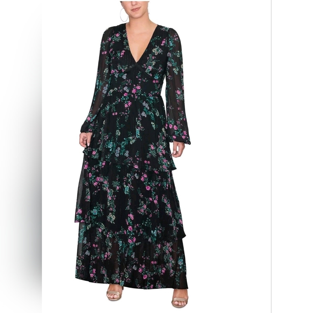 RACHEL Rachel Roy Dress Maxi Black Blue Metallic Chiffon Long Floral Sz 2 NEW
